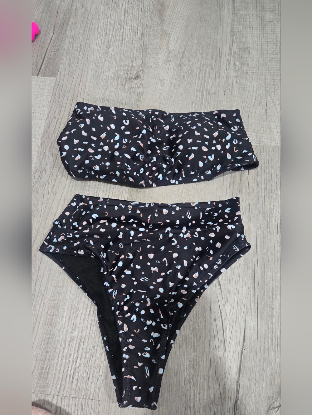 Black Two-Piece Bandeau Bikini with Pastel Confetti Print